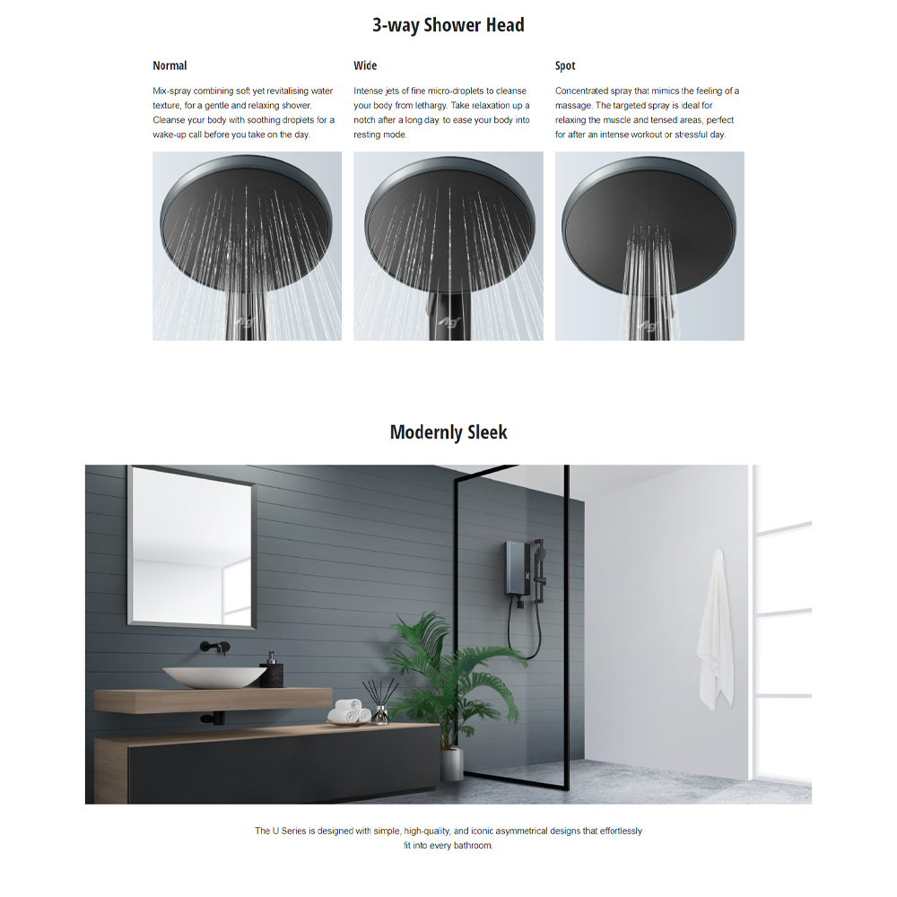 Panasonic 3600W Jet Pump U Series Home Shower (Water Heater) DH-3UDP1MZ | 9 Safety Features | 3 Way Shower Head | U-Memory