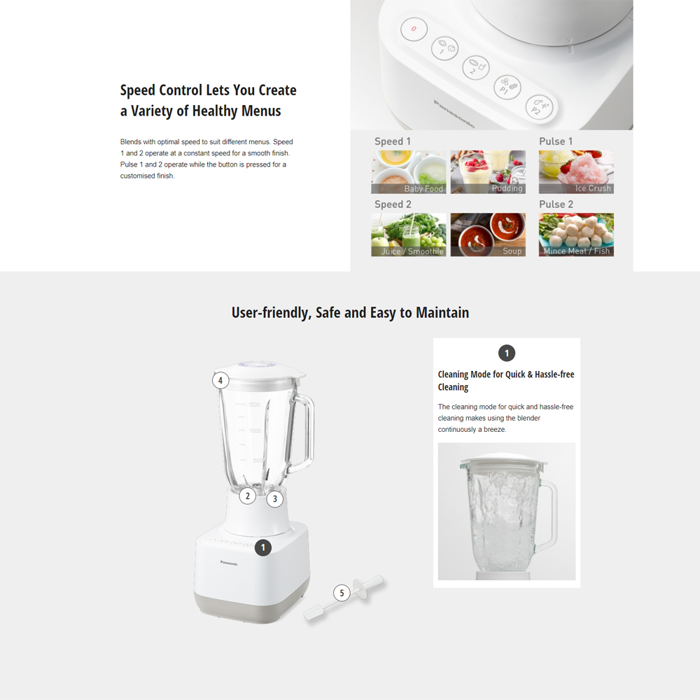 Panasonic 2L Glass Jug Blender MX-MG53C1CSK | Ultimate PowerBlade | Chopper Attachment | Multipurpose Grinding