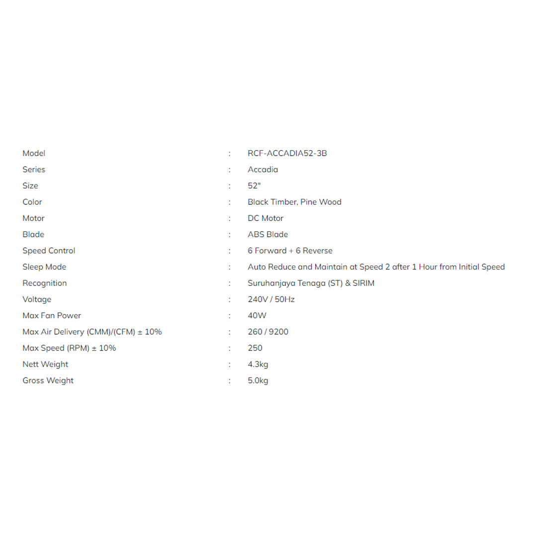 Rubine 52" 3 Blades DC Motor Ceiling Fan | RCF-ACCADIA52-3B-BT / CF-ACCADIA52-3B-PW | 6F+6R Speed RF Remote Control | Last Memory | Sleep Mode | Ceiling Fan with 1 Year Warranty