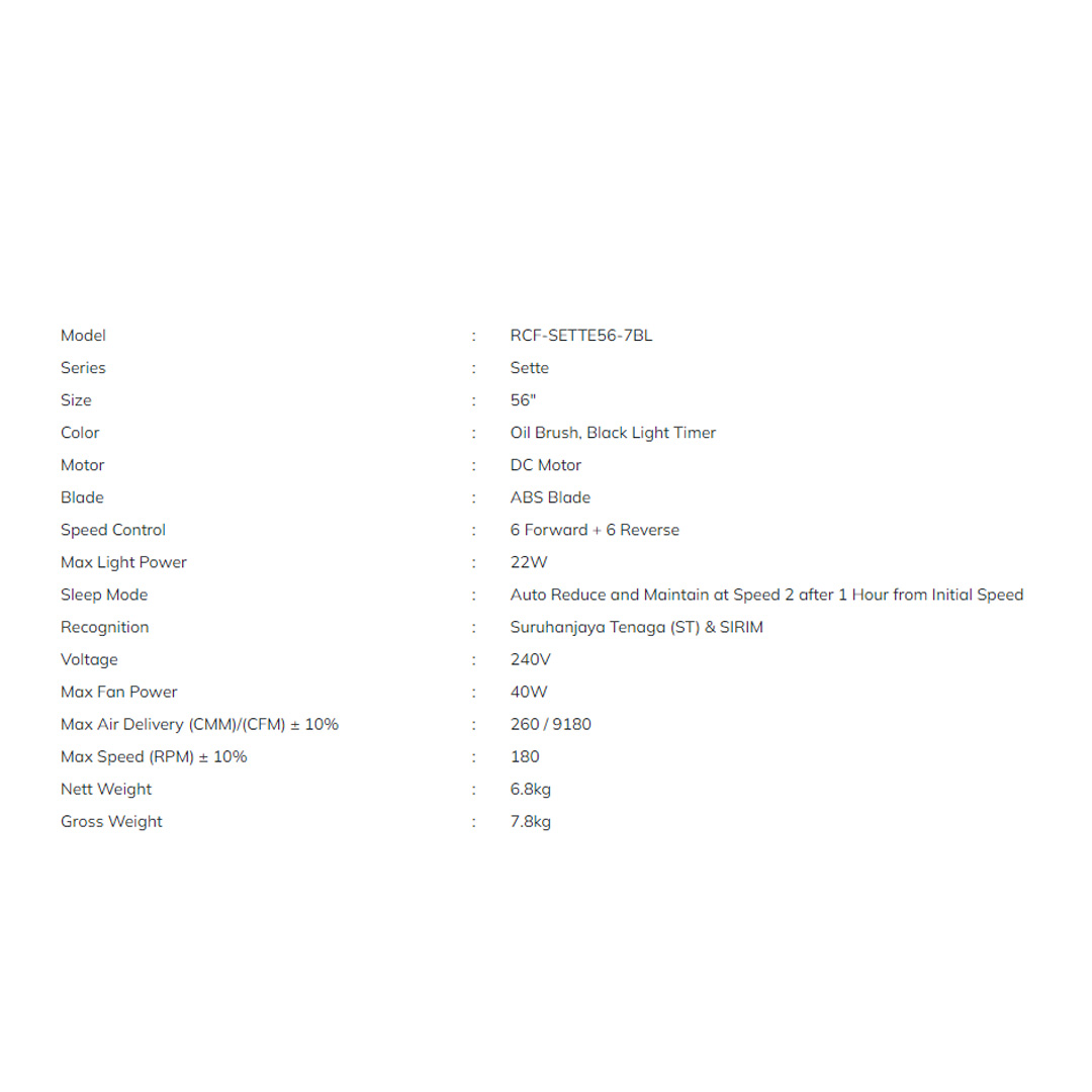 Rubine 56" 7 Blades DC Motor Ceiling Fan | RCF-SETTE56-7BL-BLT / RCF-SETTE56-7BL-OB | 6F+6R Speed RF Remote Control | 7 Blades Denser Air Flow | 22W Tri-Color LED | Ceiling Fan with 1 Year Warranty