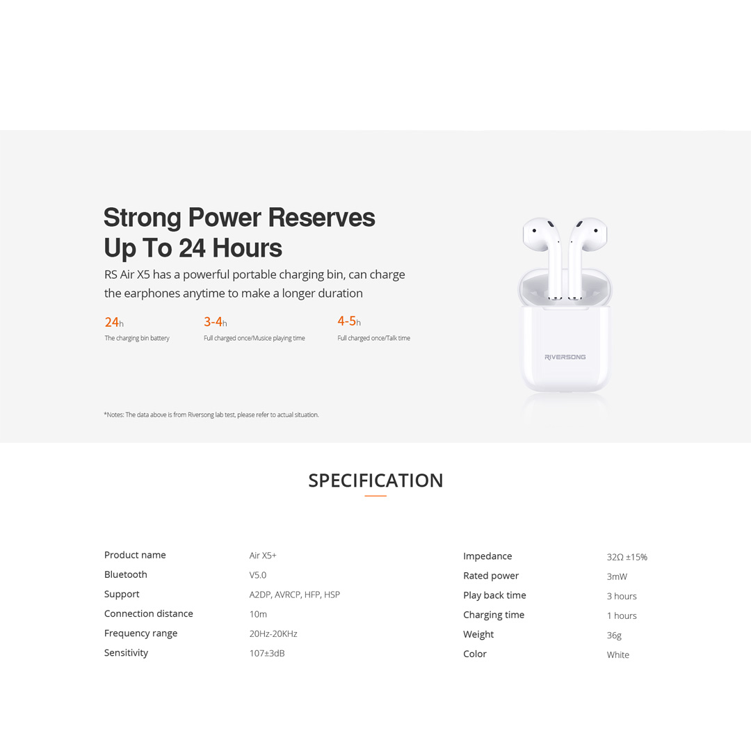 RIVERSONG Air X5+ TWS Earbuds | Bluetooth 5.0 | Smart Touch | 10m Connection Distance | 3-4 Hours Full Charged | Earbud with 1 Year Warranty