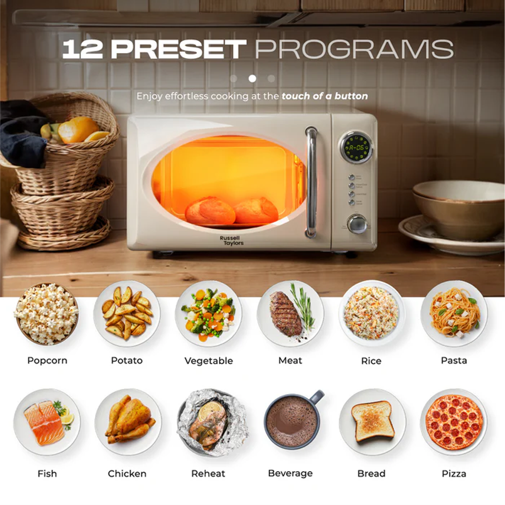 Russell Taylors 20L Retro Microwave Oven M2 | 12 Preset Programs | Quick Defrosting | Adjustable Power & Timer
