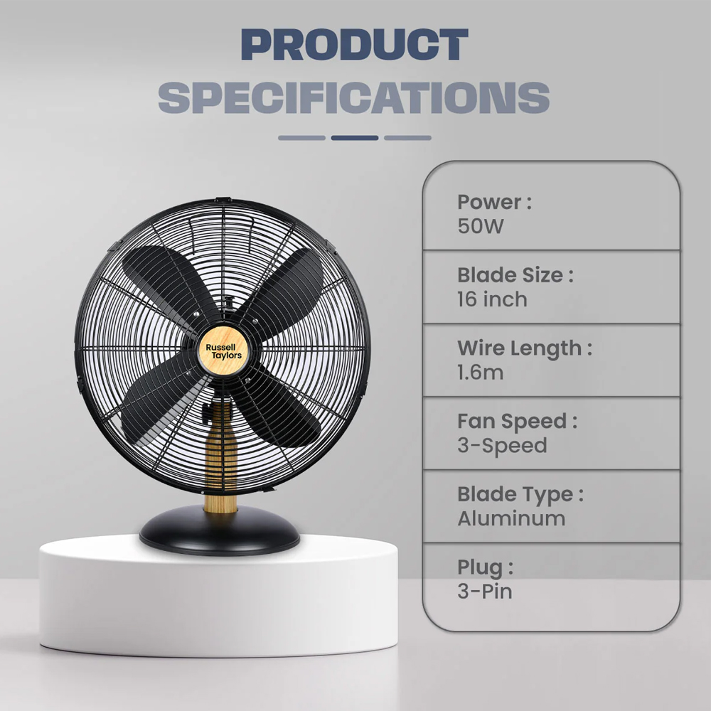 Russell Taylors 16" 4-Blade Stand Fan/Table Fan with Metal Blade SF3 TF3 | 3-Speed Selection | Wide-Angle Breeze Tilt & Oscillation