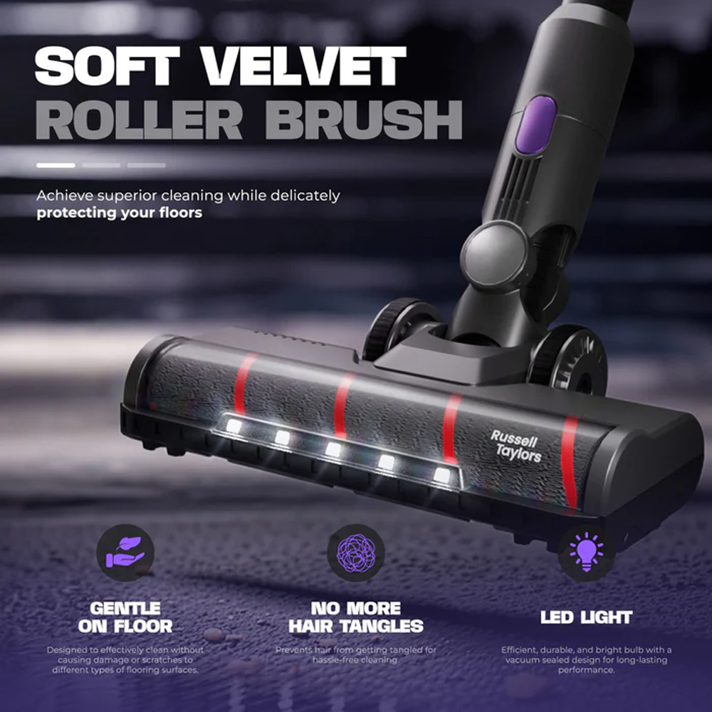 Russell Taylors 300W Cordless Vacuum Cleaner BLDC Motor X2 | Powerful BLDC Motor | 4 Cleaning Mode | Soft Velvet Roller Brush