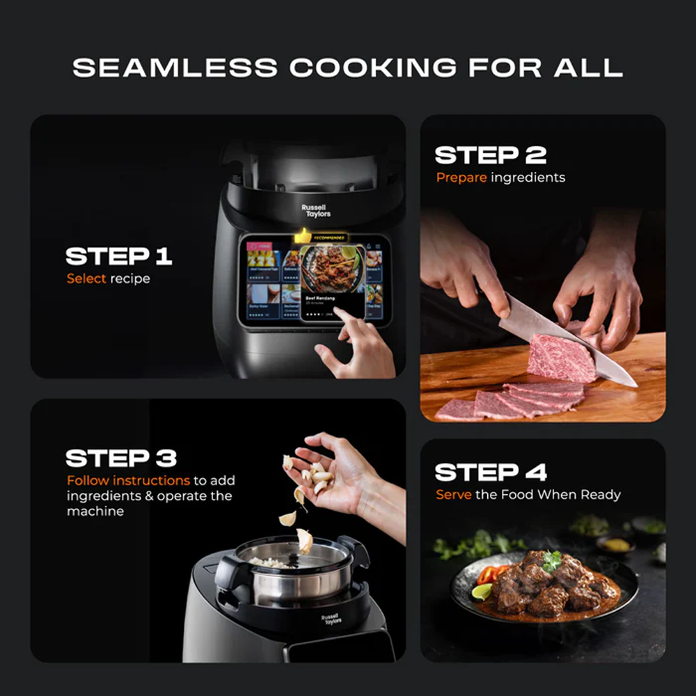 Russell Taylors 3L iMix Pro Smart Cooker with Air Fryer Automatic Cooking Robot i5 PRO | 1400W | 8 Programs Offering | 200+ Recipes | Self-Cleaning Mode