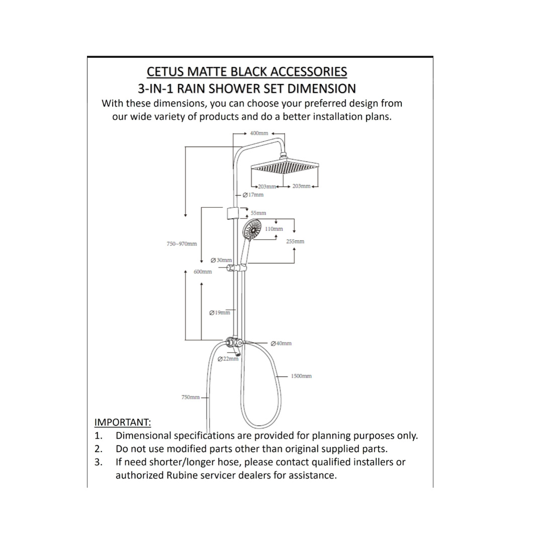 Rubine 3600W Cetus Series DC Pump Instant Water Heater with Rain Shower | RWH-CE521D-MRCG /  RWH-CE521D-MRIG  /  RWH-CE521D-MRSB |  4.25kW (Extra Warm) |  3-in-1 Diverter |  60% Energy Saving |  Water Heater with 1 Year Warranty