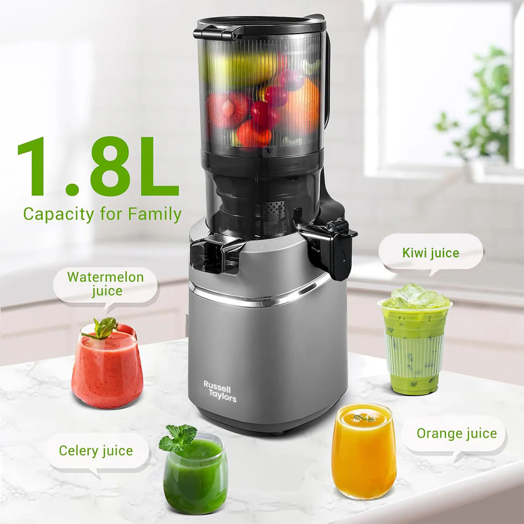 Russell Taylors 1.8L Masticating Cold Press Slow Juicer with Wide Feeding Tube SJ3 | 200W | Dishwasher Safe | Whole Fruit Juicer | Juicer with 2 Years Warranty