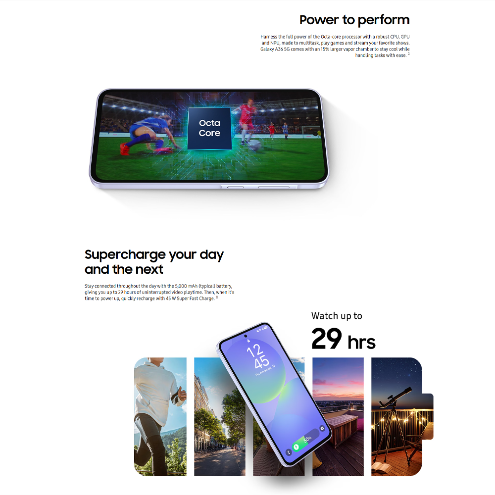 SAMSUNG Galaxy A36 5G 12GB+256GB | Qualcomm SM6475-AB Snapdragon 6 Gen 3 (4 nm) | 6.7 inches, Super AMOLED | 50MP Main Camera | Li-Po 5000 mAh