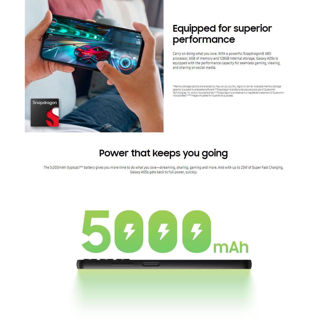 SAMSUNG Galaxy A05s 6GB+128GB | 6.7" FHD+ Display | 50MP Camera | 5,000mAh(typical) Battery | Octa Core Processor | Smartphone with 1 Year Warranty