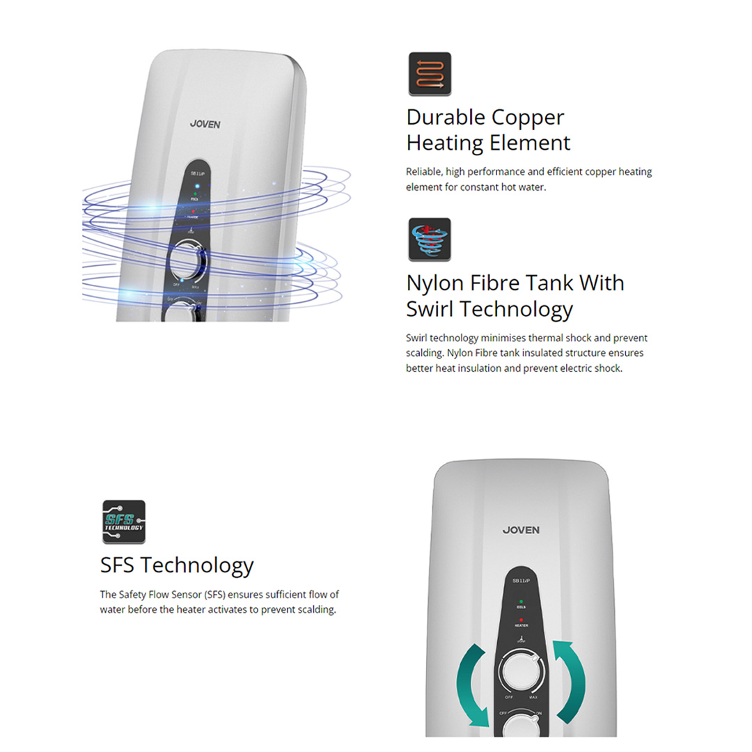 JOVEN 3600W DC Inverter Silent Pump Water Heater SB11iP | 5 Spray Showerhead | SFS Technology | Durable Copper Heating Element | Water Heater with 1 Year Warranty