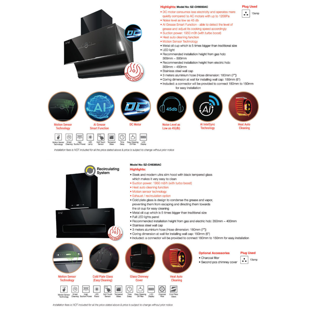 SENZ Heat Pro interClean Cooker Hood SZ-CH3288AC / SZ-CH8380AC / SZ-CH9050AC | Motion Sensor Technology | Smart Cleaning | LED Lamp | Cooker Hood with 1 Year Warranty