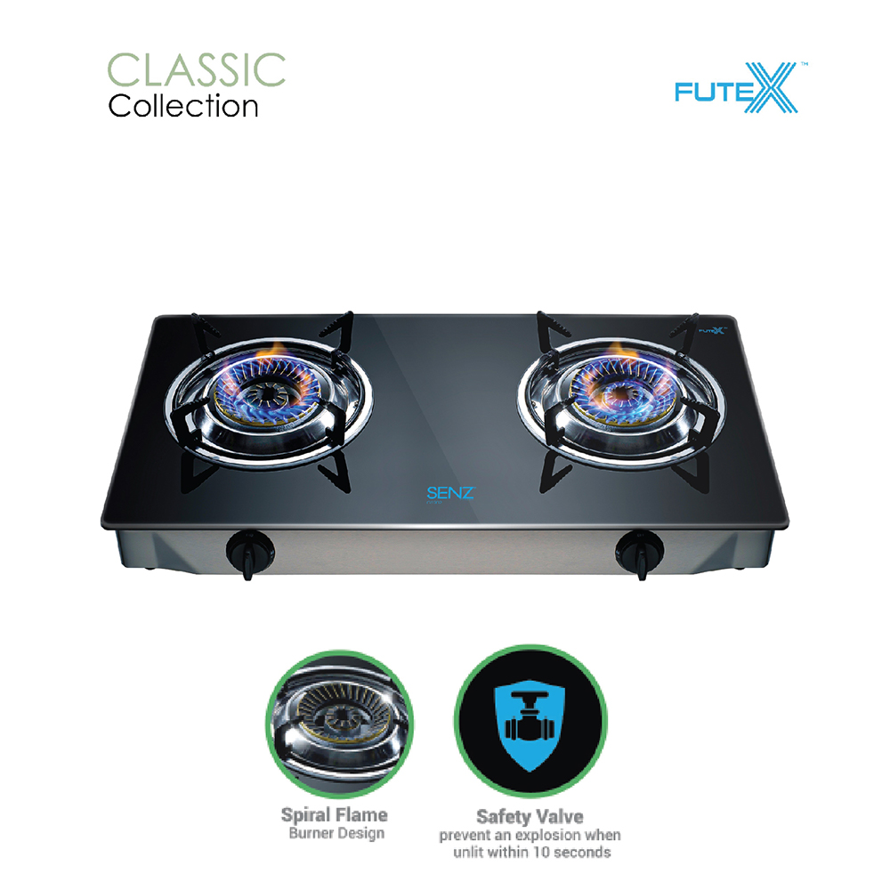 SENZ 2 Burners Portable Table Top SPIRAL/LINEAR FLAME Gas Stove with Safety Valve SZ-GS202/SZ-GS303| Futex Glass Heat Resistance