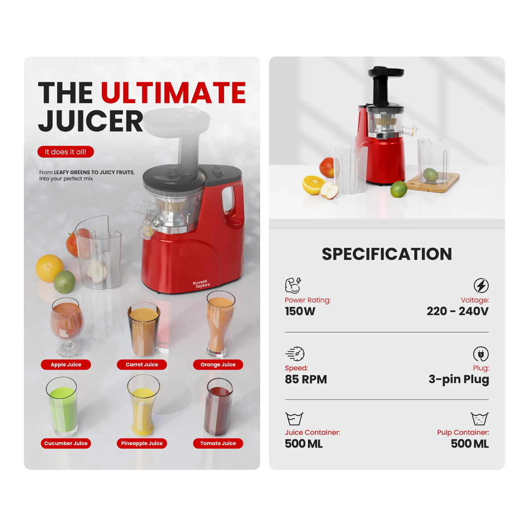 Russell Taylors 0.5L Slow Juicer SJ-6 | Ultra -Squeeze Slow Juicer | Optimized Extraction System | Easy to Use | Juicer with 2 Year Warranty