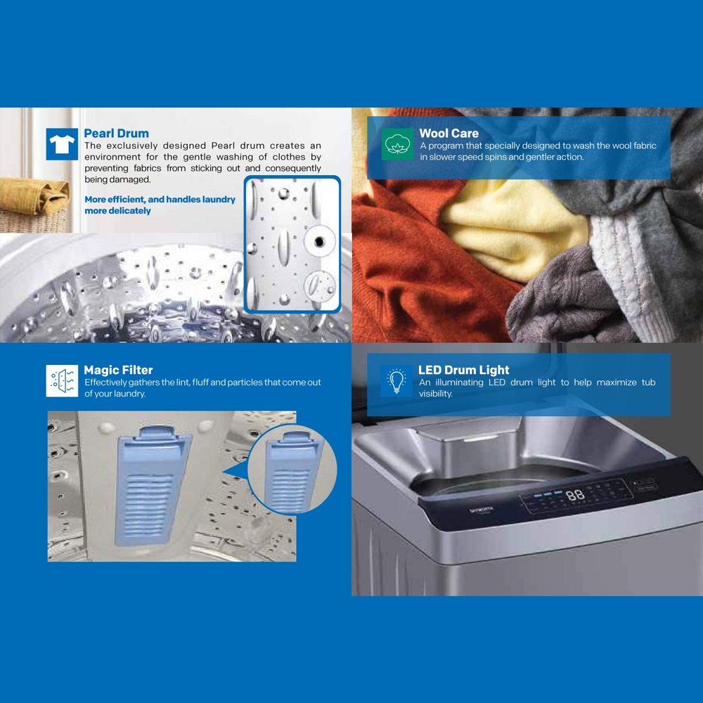 SKYWORTH 9KG Top Load Washing Machine T90M26NJ | Pearl Drum | 360° Water Flow | Wool Care | Vortex Pulsator