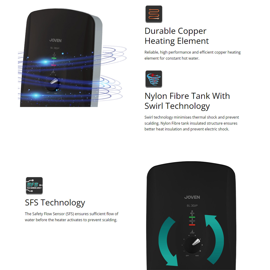 JOVEN 3600W DC Inverter Silent Pump Water Heater SL30iP | 5 Spray Showerhead | SFS Technology | Durable Copper Heating Element | Water Heater with 1 Year Warranty