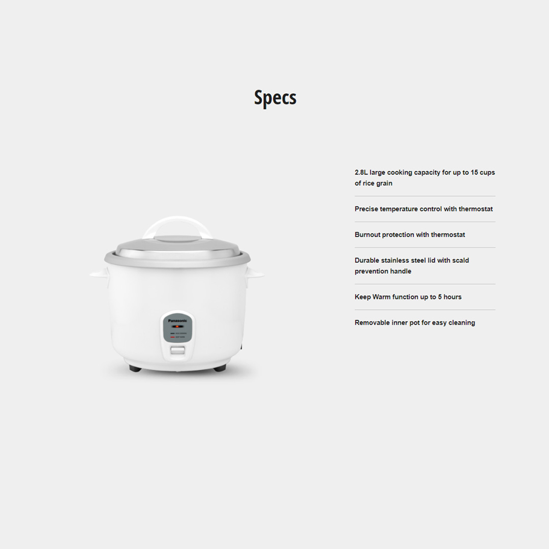 Panasonic 2.8L Conventional Rice Cooker SR-E28WSKN | 15-Cup Capacity at a Time | Removable Inner Pot | Keep Warm Function