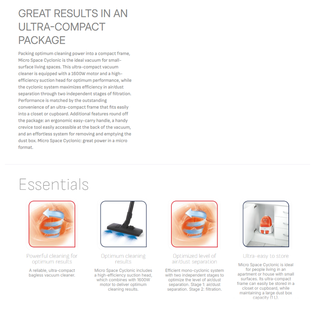 Tefal 1600W Micro Space Cyclonic Bagless Vacuum Cleaner TW3233HH | Efficient Cyclonic Filtration | 86Db(A) Sound level