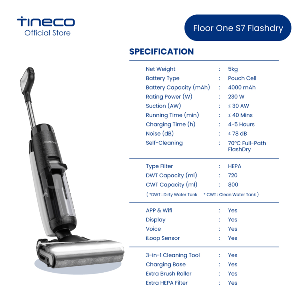 Tineco 30AW Floor One Flash Dry S7 | Display Screen: LED | MHCBS™ technology | iLoop™ smart sensor technology