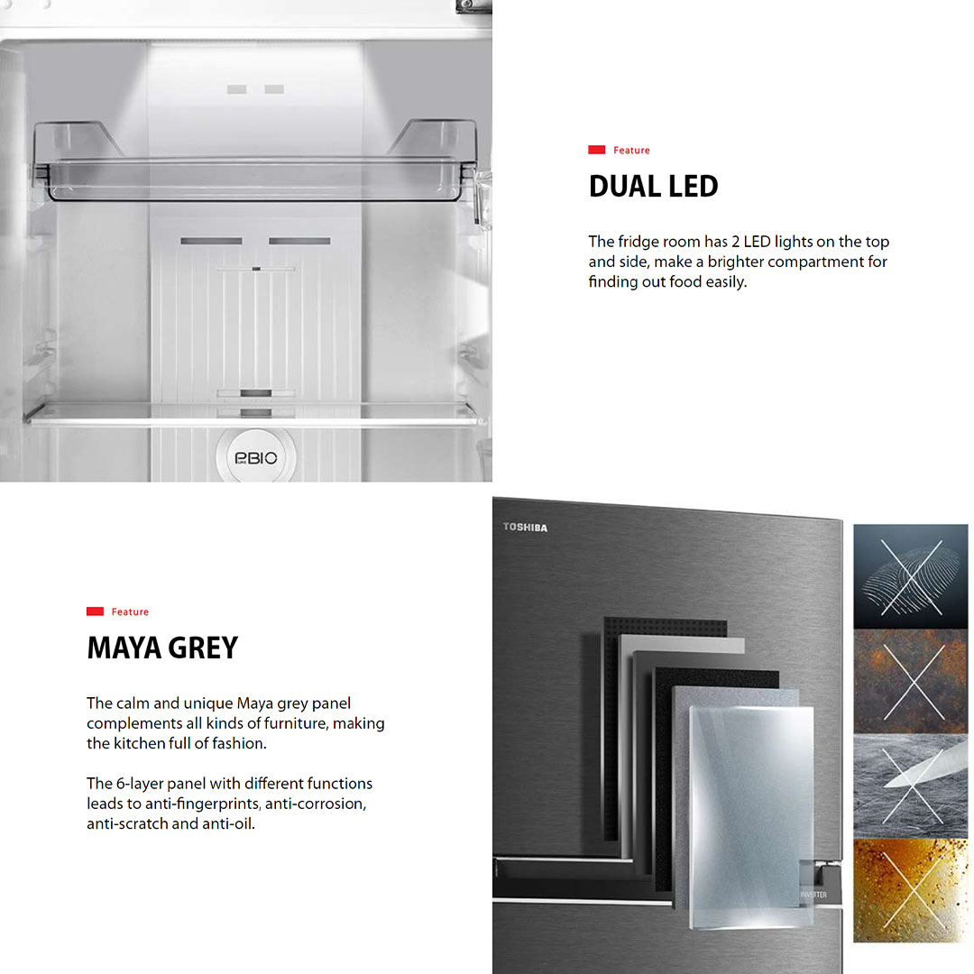 TOSHIBA 360L 2 Doors Inverter Pure BIO Refrigerator GR-RT412WE-PMY(58) | Japanese Weave Design | Multi-Air Flow | Dual LED | Adjustable Glass Shelf | Refrigerator with 2 Years Warranty