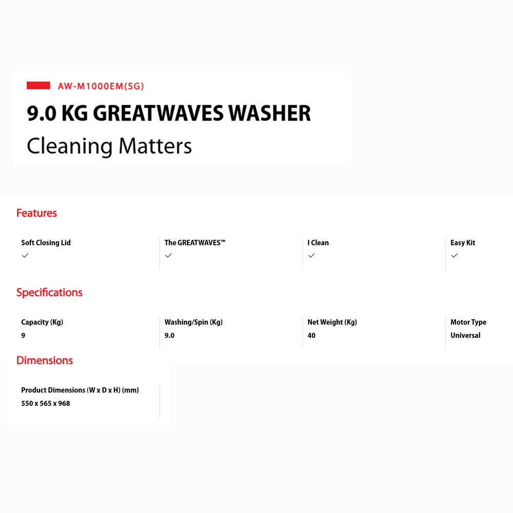 Toshiba 9KG/10KG Top Load THE GREATWAVES Washing Machine AW-M1000EM(SG)/AW-M1100PM(SG) | THE GREATWAVES™ | iClean | Easy Kit | Washing Machine with 2 Years Warranty