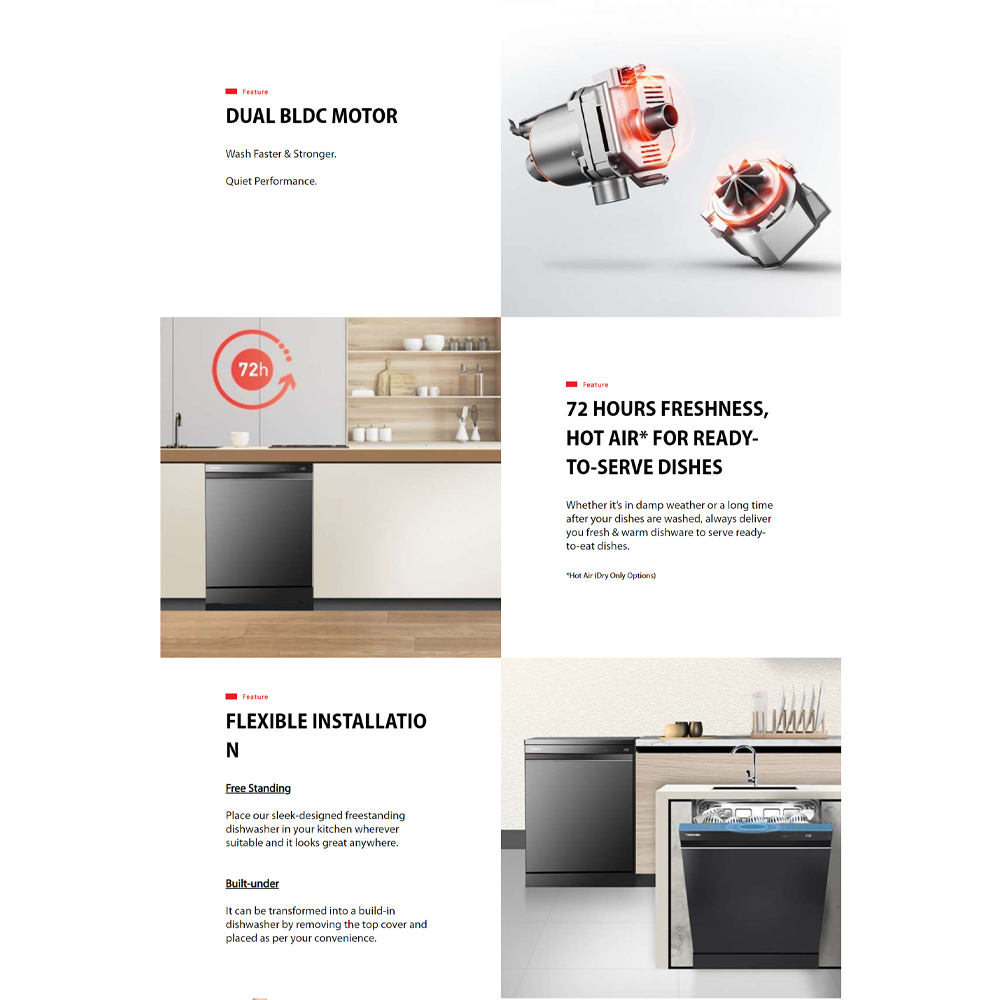 TOSHIBA 15 Place Setting Free Standing Dishwasher DW-15F6(G)-MY | Sliding Tray | 8 Program | Dual Wash Zone