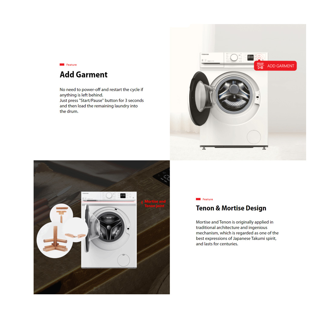 TOSHIBA 10.5KG Front Load Origin Inverter Washing Machine with Smart Control TW-BL115A2M(SS) | Steam Wash | IOT TSmartLife | Drum Clean | Washing Machine with 2 Year Warranty