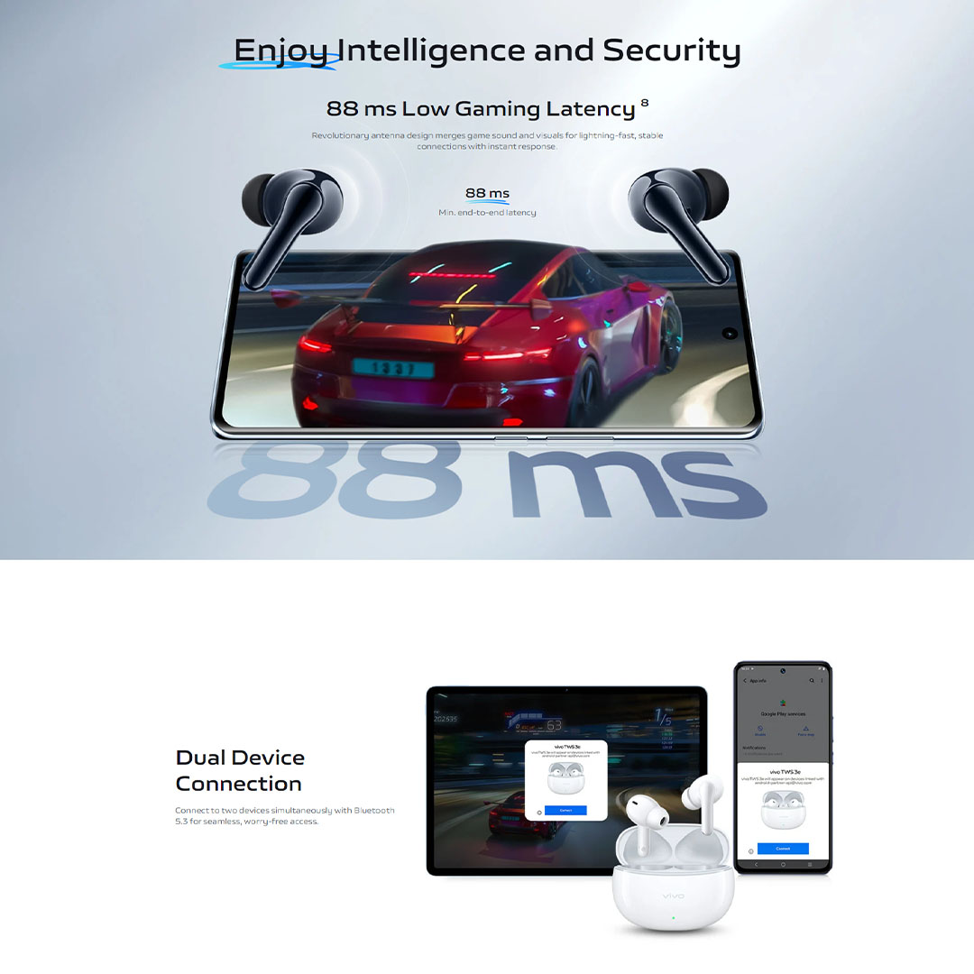 vivo TWS 3e | Fast Charging | Battery Life 42 Hours | AI Call Noise Reduction | Smart Touch Control | Dual Device Connection |  Water Resistance Earphone Protection | Earbuds with 1 Year Warranty
