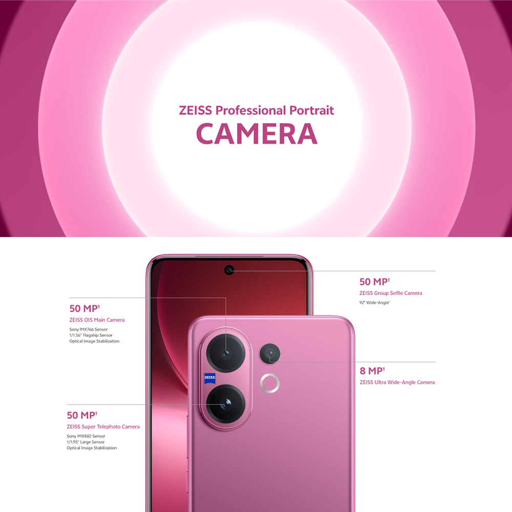 vivo V60 5G | Rear Camera 50MP | Qualcomm SM7750-AB Snapdragon 7 Gen 4 (4 nm) | 6.77 inches, AMOLED | Li-Po 6500 mAh,