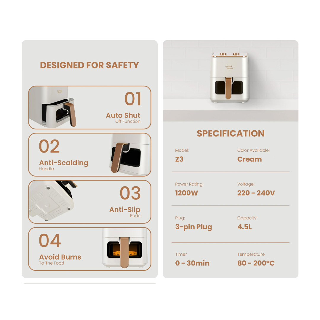 Russell Taylors 4.5L 3D Visible Window Air Fryer Z3 | 1200W Power | 360° Rapid Air Circulation Technology | Mechanical Control | Air Fryer with 2 Year Warranty