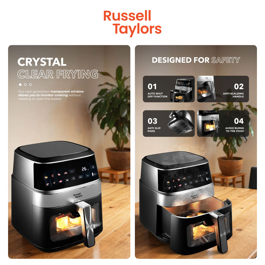 Russell Taylors 6.5L Visible Window Digital Air Fryer Z7 | Power Rating 1350 W | Crystal Clear Frying | Adjustable Timer & Temperature | Air Fryer with 2 Year Warranty