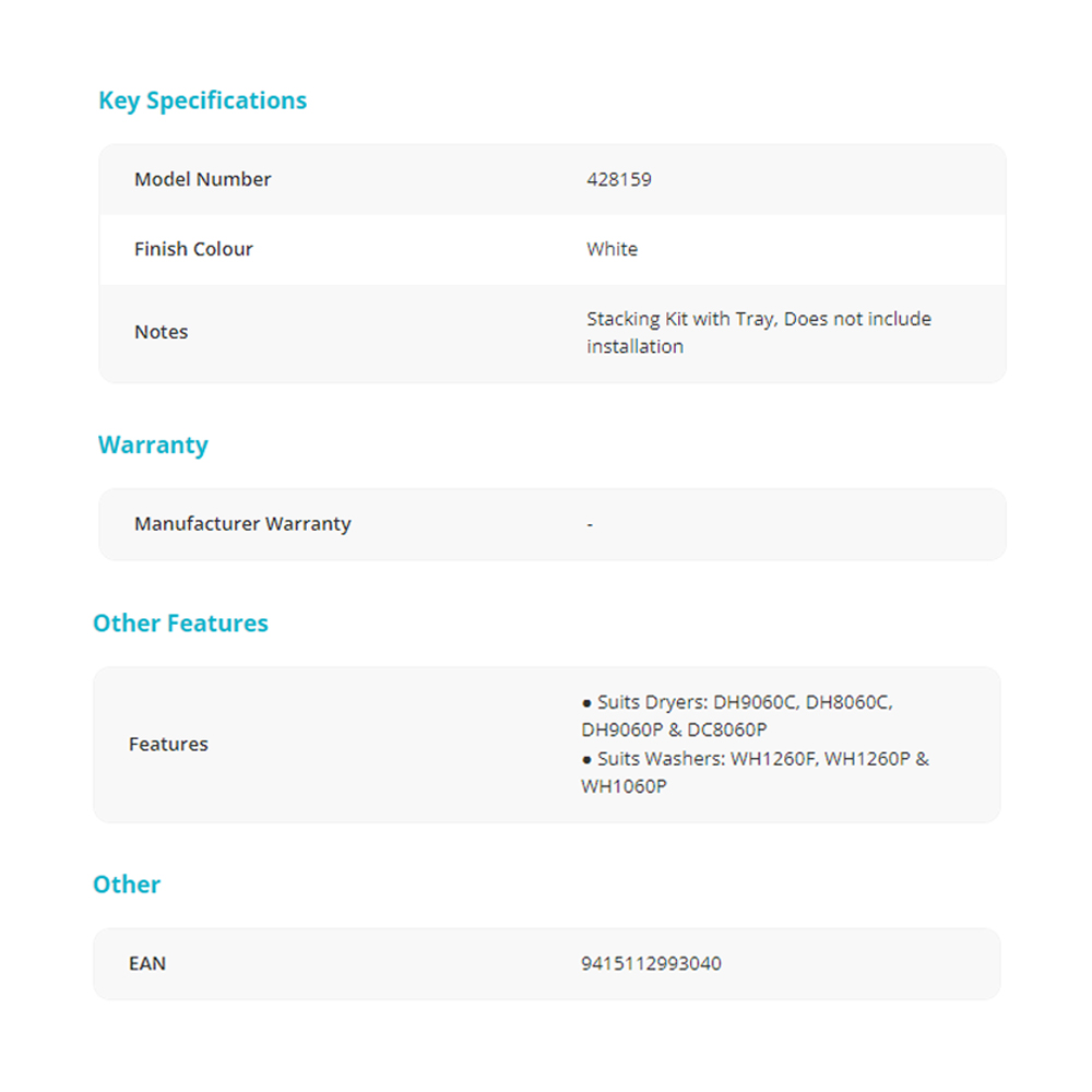 HAIER  Dryer Stacking Kit 428159 | Compatible with HD90-A2979 and HWM100-FD10829