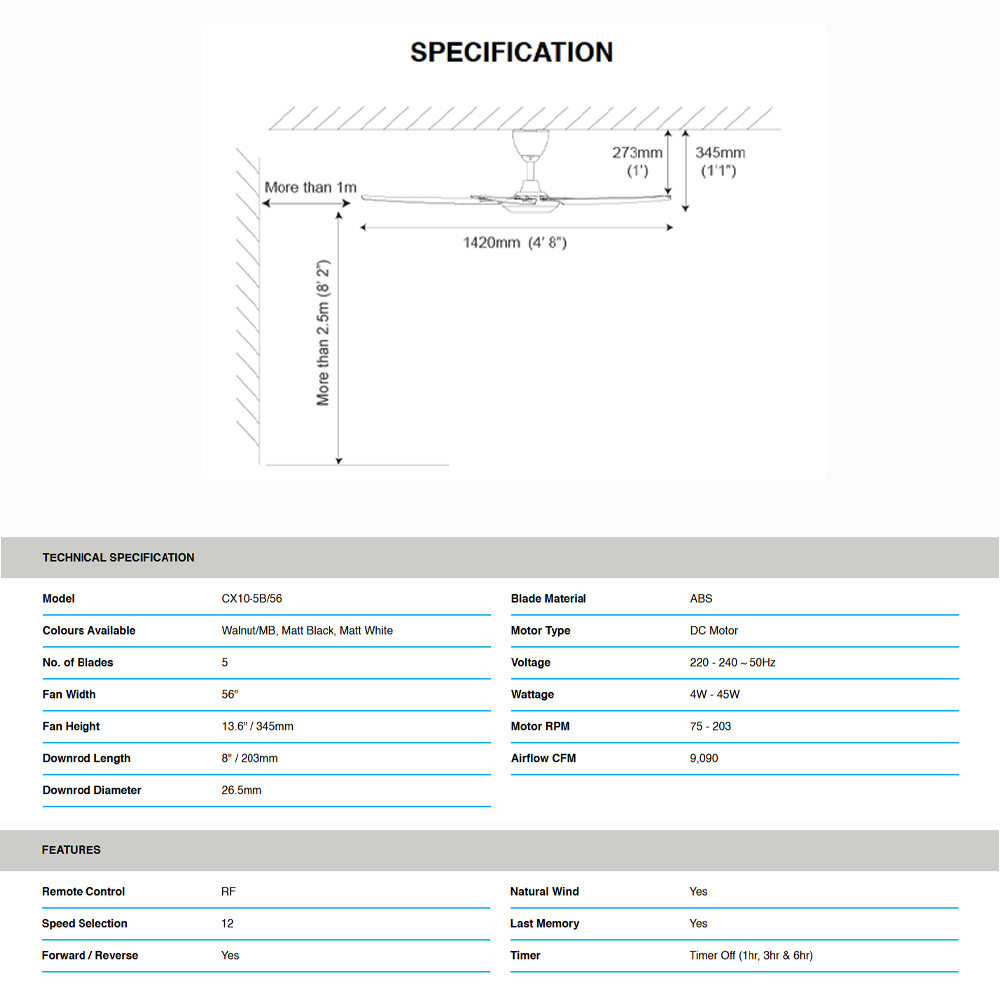 ALPHA COSA 5 Blades DC Motor Ceiling Fan CX10-5B/40/ CX10-5B/46 / CX10-5B/56 | DC Energy | Silent Operation | Foward Reverse | Natural Wind | Ceiling Fan with 1 Year Warranty
