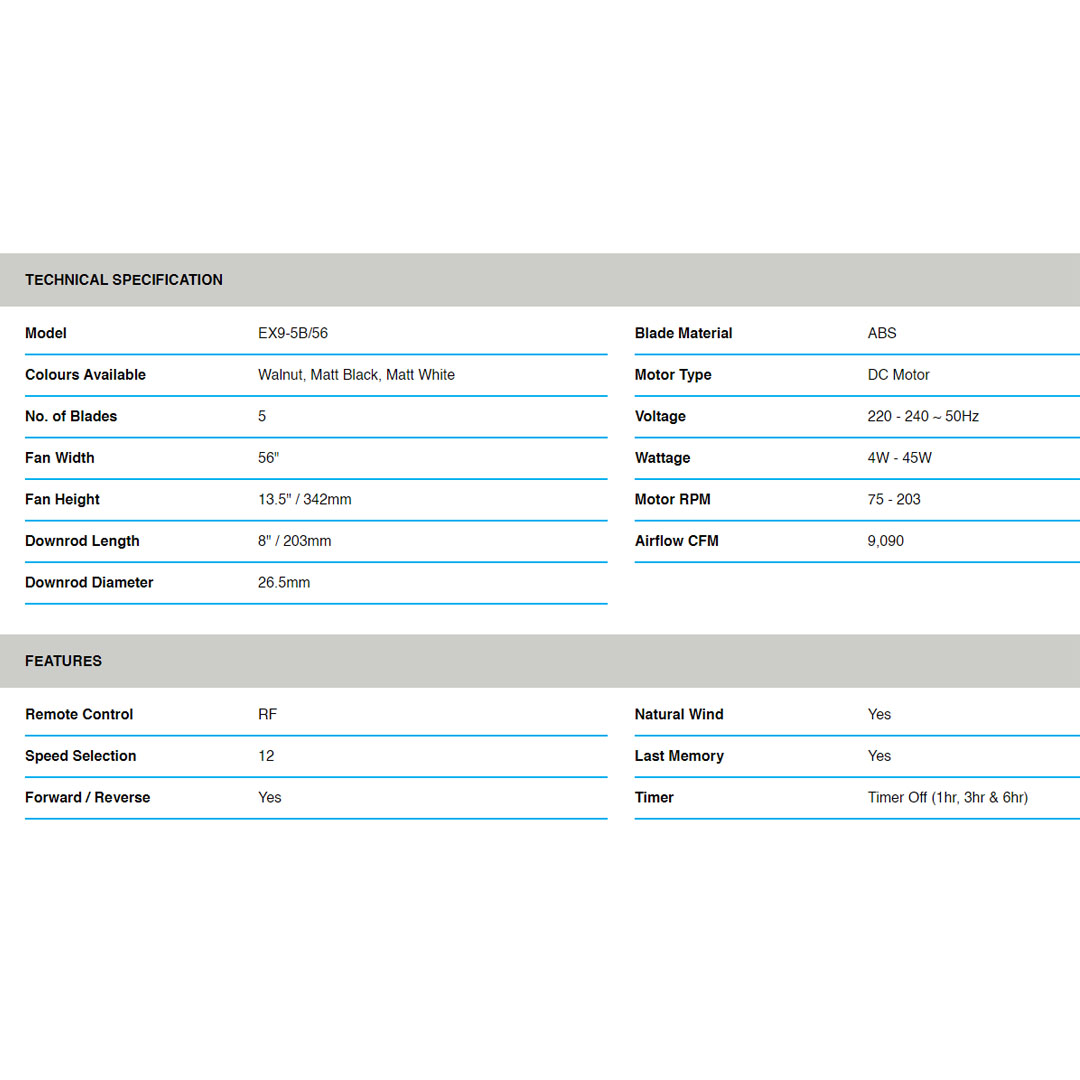 ALPHA 56" COSA 5 Blades DC Motor Ceiling Fan EX9-5B/56 | DC Motor | 12+12 Speed | Natural Wind | Sleep Wind | Timer Off | Ceiling Fan with 1 Year Warranty