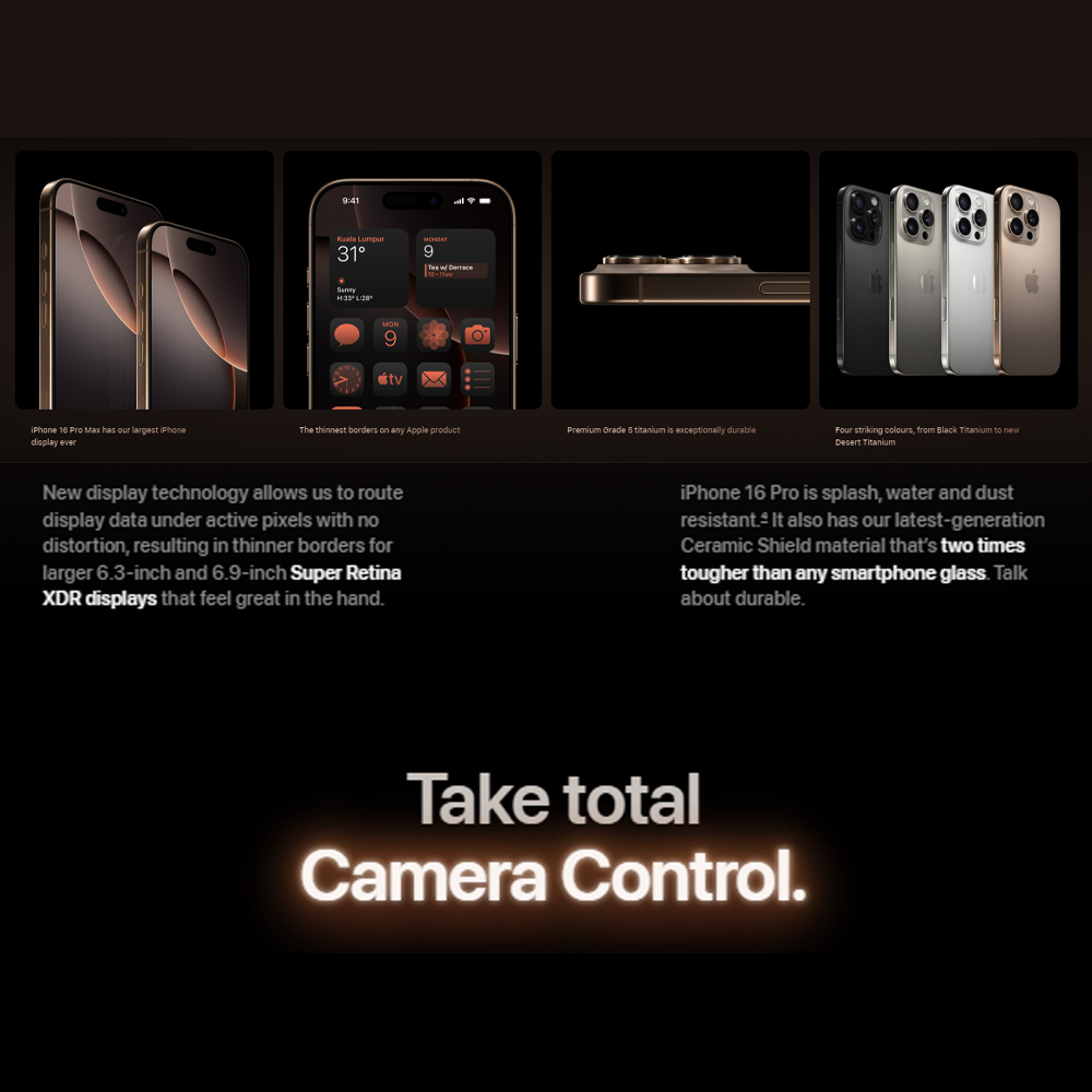 Apple iPhone 16 Pro | 6.3" LTPO Super Retina XDR OLED | 48 MP Main Camera | Apple A18 Pro (3 nm) | USB Type-C 3.2 Gen 2, DisplayPort | Stereo Speakers Sound | Smartphone with 1 Year Warranty