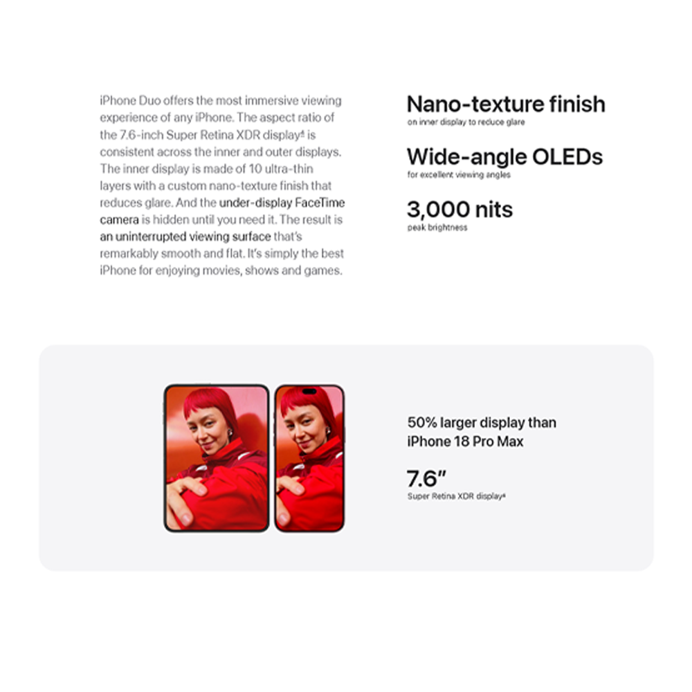 Apple iPhone Duo 256GB / 512GB / 1TB / 2TB | 7.6-inch, LTPO Super Retina XDR OLED| 48MP Rear Camera | iOS 27 | Apple A20 Pro | Li-Ion 5400 mAh