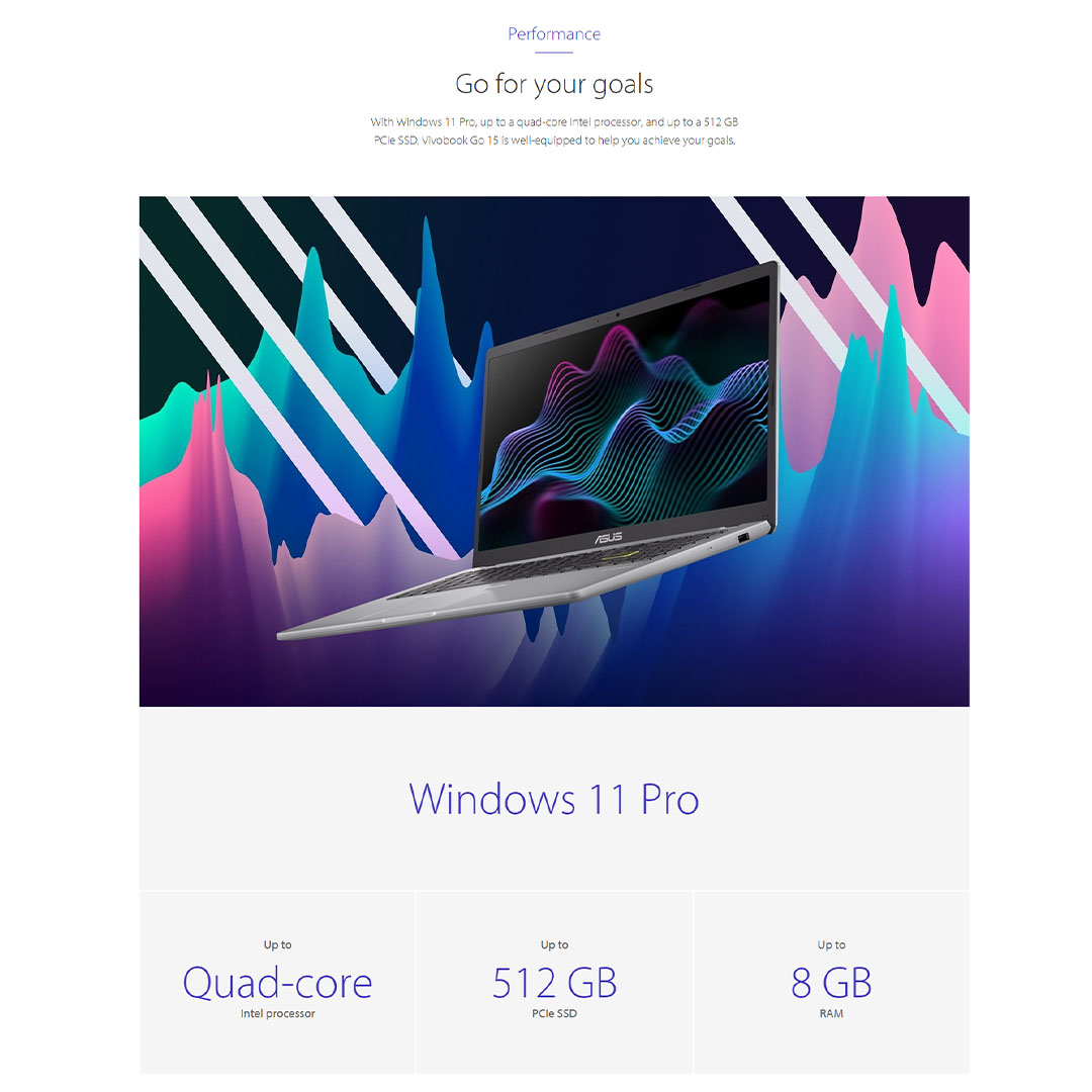 ASUS Vivobook Go 15  Laptop E510K-AEJ731WS (Intel Celeron N4500/ 8GB+512GB SSD/ 15.6-inch FHD/ W11) | Windows 11 Pro | up to Quad-core Intel processor | Up to 8-hour battery life2 | Laptop with  2 Year Warranty