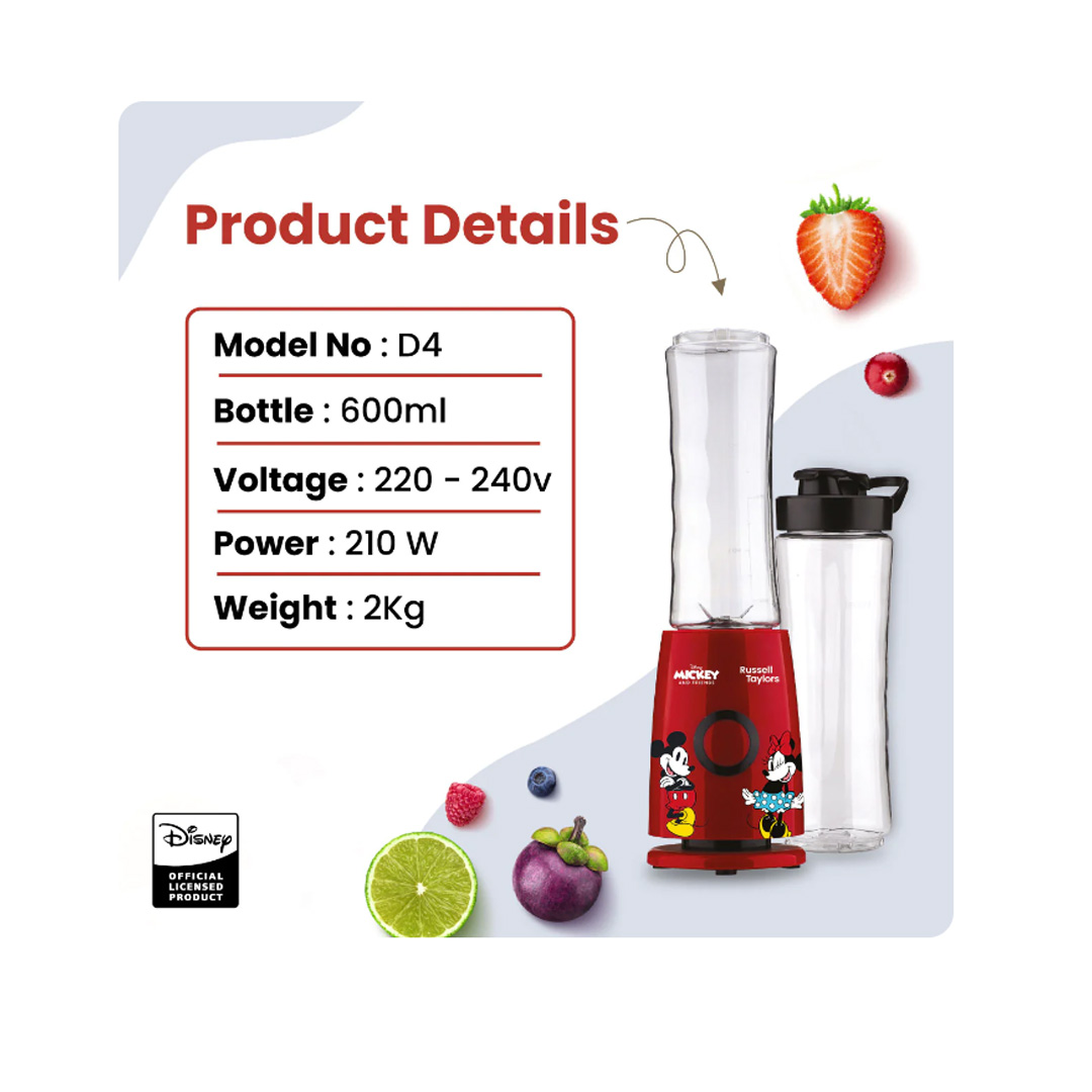 Russell Taylors 0.6L Disney Mickey And Friends Compact Personal Blender D4 | 600W Power | 4 Powerful Stainless Steel Blade | Nutrient Extraction | Blender with 2 Year Warranty