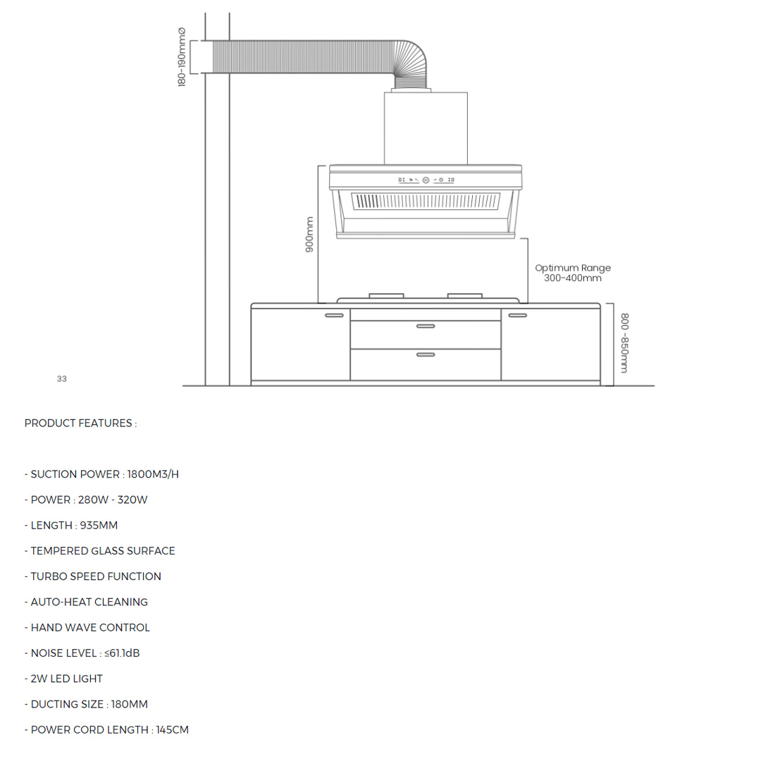 FABER 1800m3/h Designer Hood FABERJET PRIMERA 90BK | Tempered Glass Surface | Turbo Speed Function | Auto Heat Cleaning | Hand Wave Control | Cooker Hood with 1 Year Manufacture