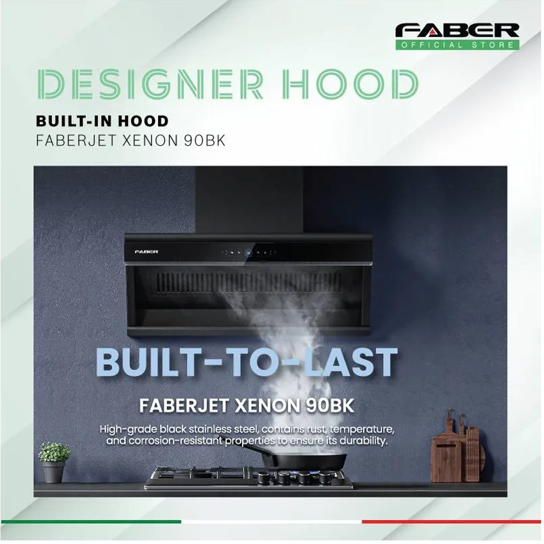 FABER 1600m3/h Designer Hood FABERJET XENON 90BK | Tempered Glass Surface | Turbo Speed Function | Auto Heat Cleaning | Hand Wave Control | Cooker Hood with 1 Year Manufacture