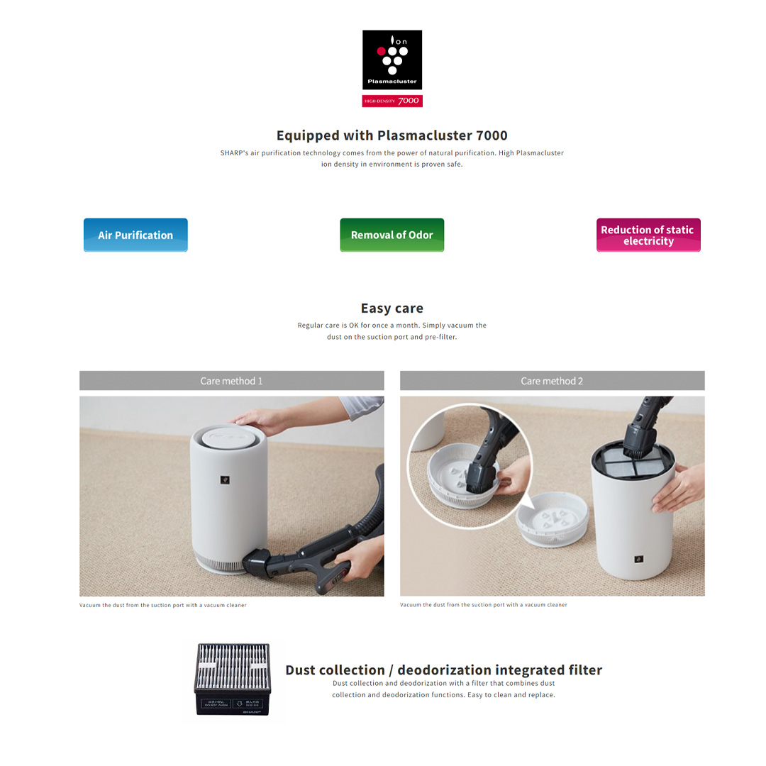 SHARP 10m² Plasmacluster Technology Tower Air Purifier FUNC01W | Removal of Odor | 360° Cylindrical Air Purification | Dust Collection | Deodorization Integrated Filter | Air Purifier with 1 Year Warranty