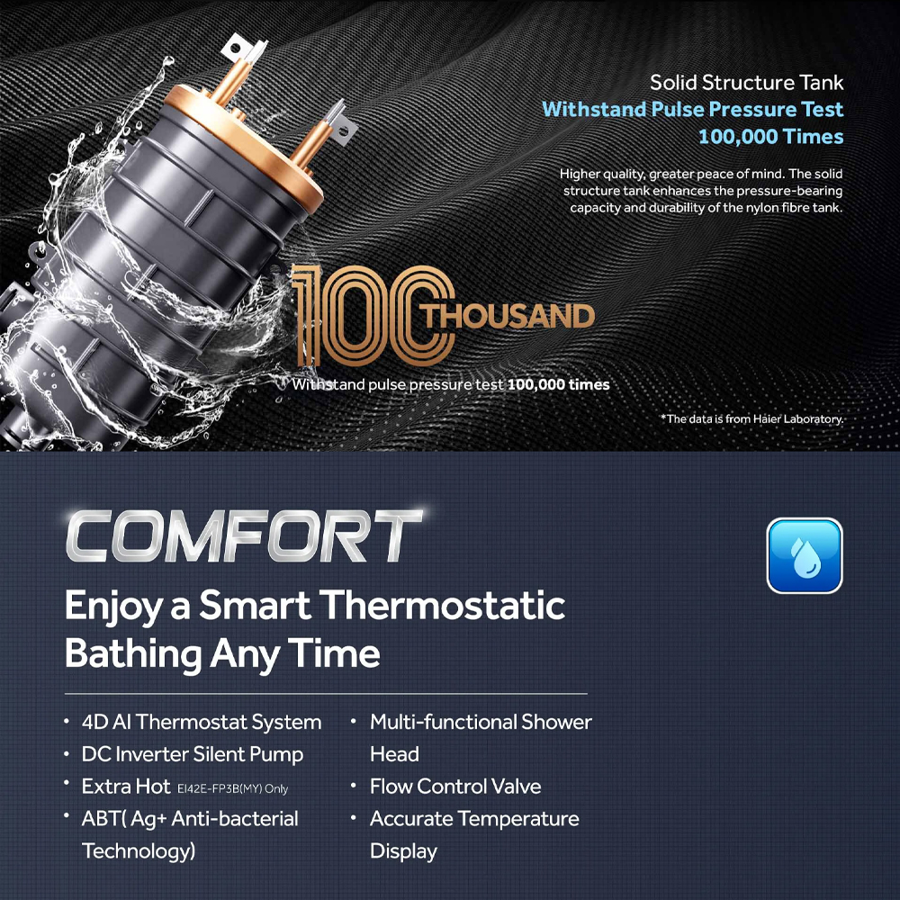 HAIER 3800W DC Inverter Silent Pump Instant Water Heater EI38E-FP3B(MY) | Shock Proof | Solid Structure Tank