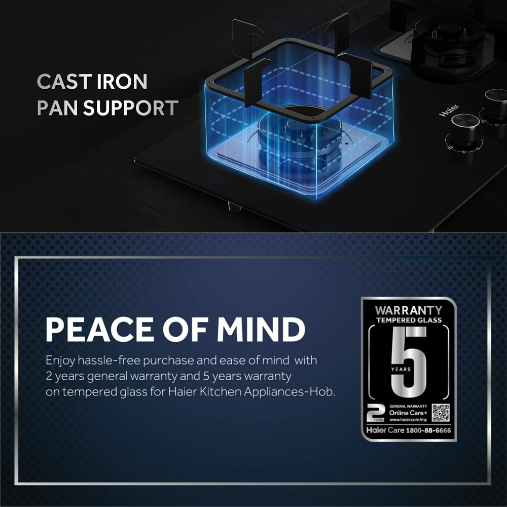 HAIER 2 Burners Built-In Tempered Glass Gas Hob HC-Q572SGB | 5.0kW Power | Flexible Cut Out Size