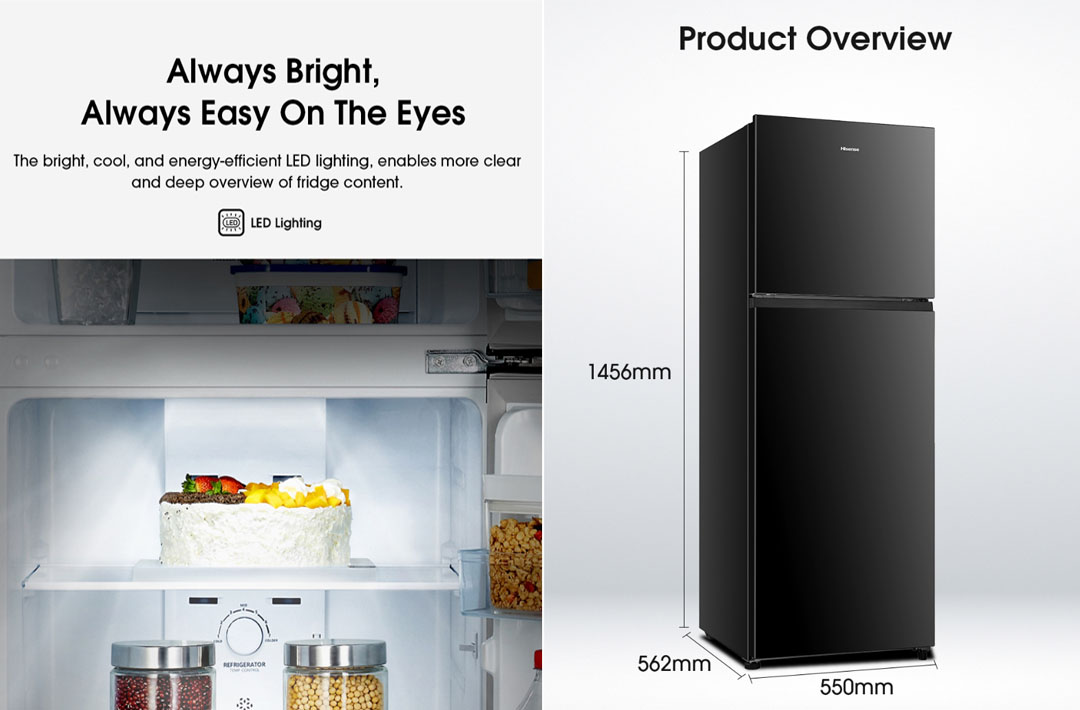 HISENSE 240L 2 Doors Top Mount Smart Inverter Refrigerator RT286N4ABN | Big Shelves - XXL Door Balcony | LED Lighting | Save Energy | Deodorizing Filter | Refrigerator with 2 Years Warranty