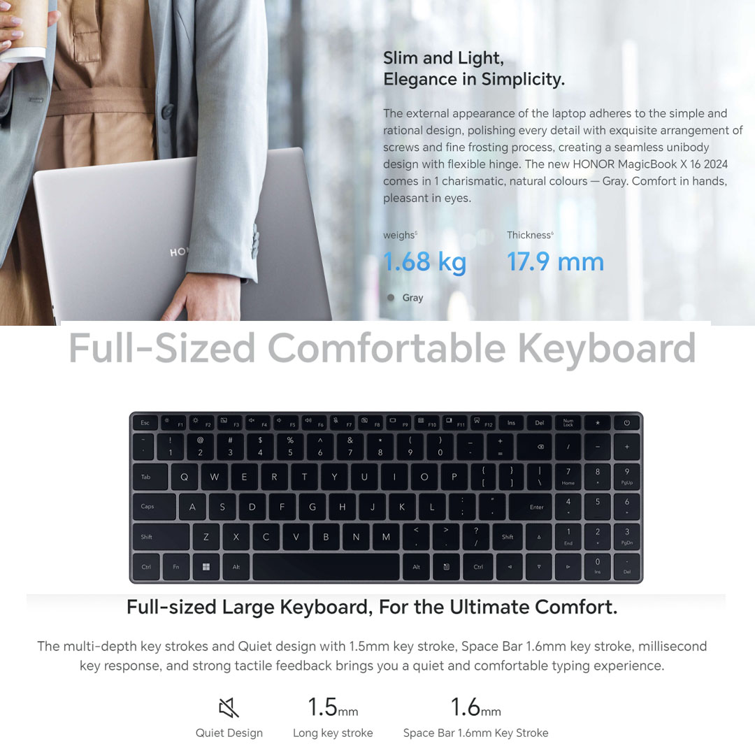 HONOR MagicBook X 16 16-inch 12th Generation Intel® Core™ i5-12450H Intel UHD Graphics | 65W Portable Fast Charger | Comfortable Reading | 7.5 Hours of Daily Office Work | Laptop with 1 Year Warranty