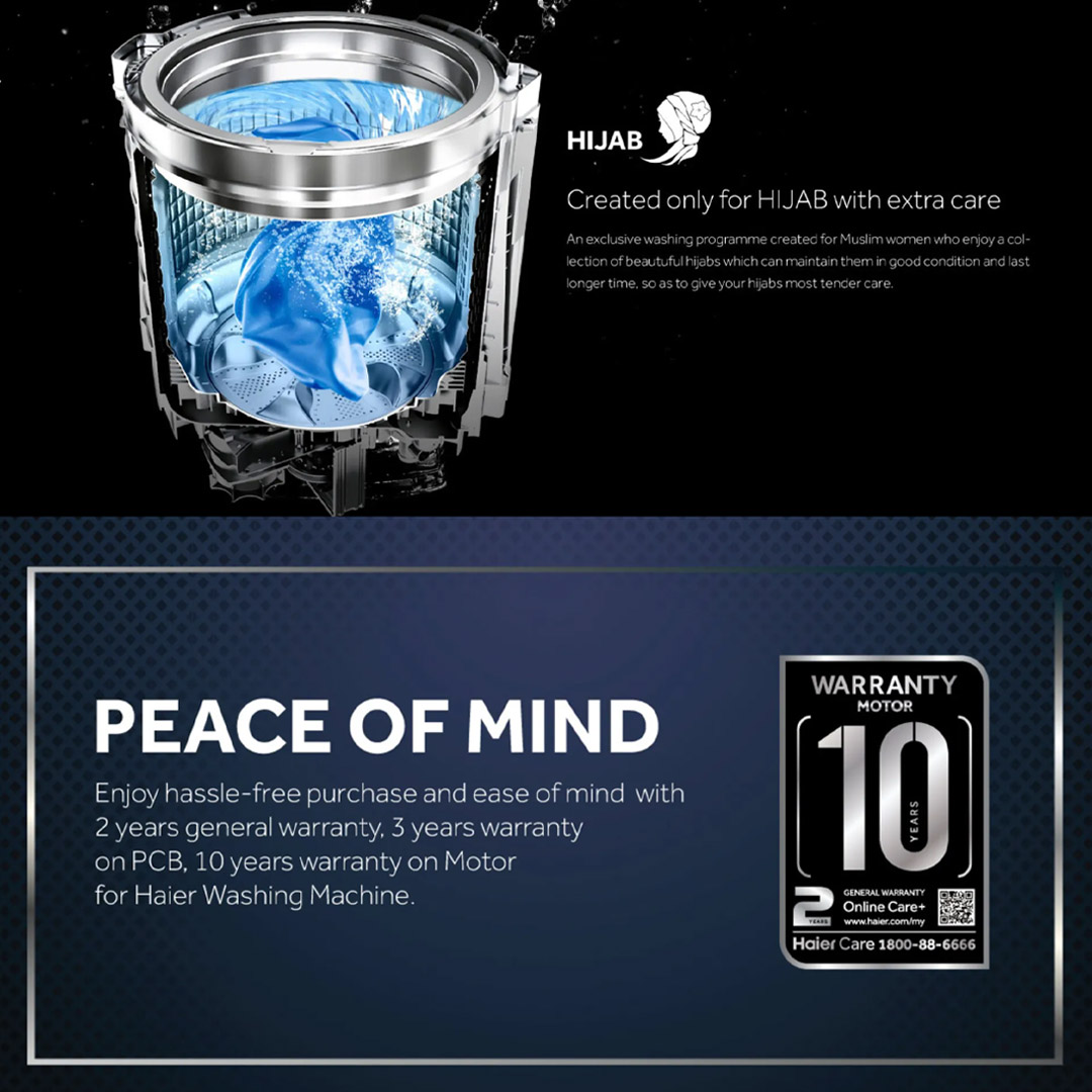 HAIER 10KG Top Load Non-Inverter Washing Machine Starry Silver HWM100-316S6 | Auto Restart | Anti-Bacterial Pulsator | Pillow Drum | Hijab Mode | Washing Machine with 2 Years Warranty