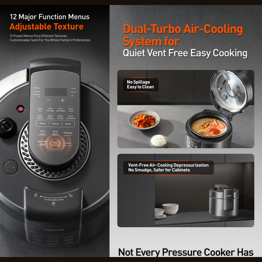 Joyoung 5L Dual-Turbo Air Cooling Release Pressure Cooker JPC-5HP50 | Quiet Operation | 12 Preset Cooking Menus | 3 Texture Settings