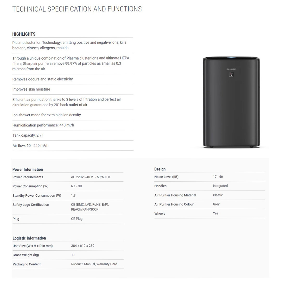 SHARP 28m² AIoT Plasmacluster Technology Humidifying Air Purifier KIN40LW | Ion Technology | Humidification | Intelligent Mode | Auto Mode | Air Purifier with 1 Year Warranty