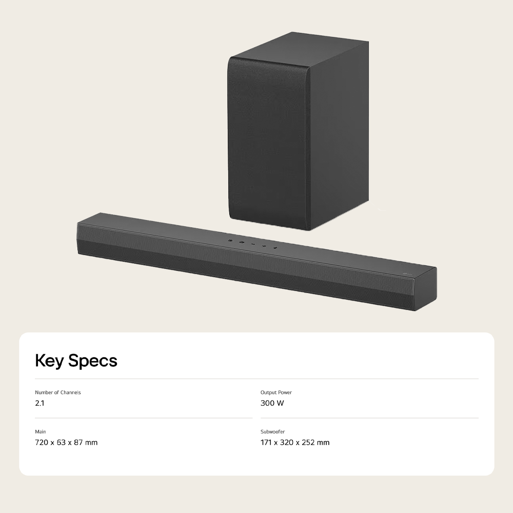 LG 300W 2.1ch Soundbar with Dolby Digital and DTS Digital Surround S40T | 2 channels this Dolby®¹ & DTS² | LG’s new crest design
