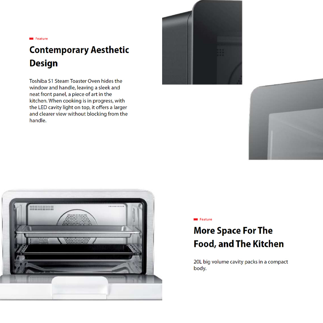 TOSHIBA 20L S1 Steam Oven MS1-TC20SF(BK) | 23 Auto Menu + 3 Cleaning Mode | Innovative Vapour-Loop System | Direct Steam Injection | 3 Steaming Modes | Steam Oven with 1 Year Warranty