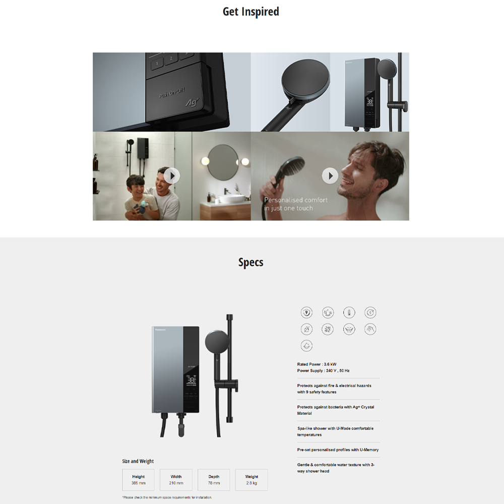 Panasonic 3600W Jet Pump U Series Home Shower (Water Heater) DH-3UDP1MZ | 9 Safety Features | 3 Way Shower Head | U-Memory